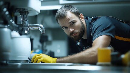 Focused Repairman Working on a Sink