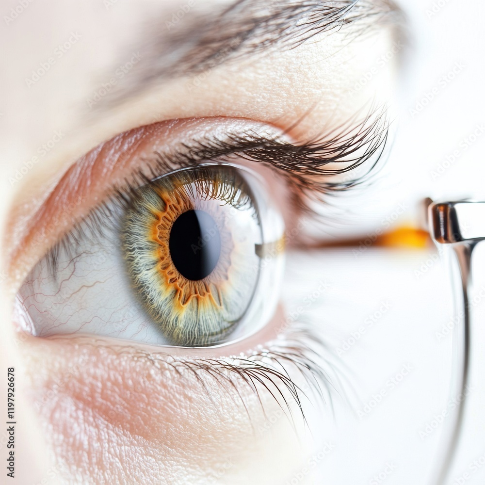 Leinwandbilder close up view of a human eye highlighting intricate details of the iris and eyelashes with glasses v