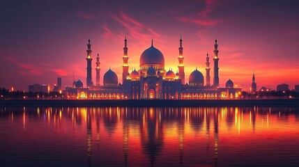 Naklejka premium Sunset Mosque Reflection, Cityscape, Dramatic Sky