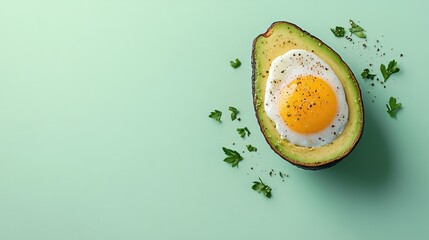 Avocado toast with egg on a minimalist background, healthy breakfast photography.