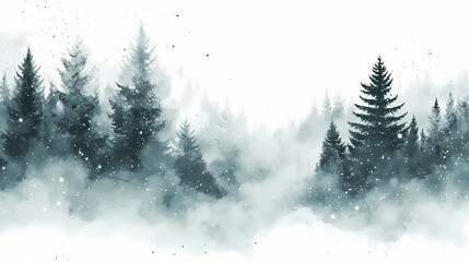 Fototapeta premium Snowy watercolor landscape with pine trees and soft snowfall in a serene winter setting. Sunweave. Illustration