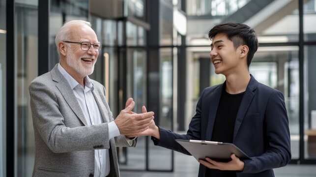A man in a gray suit shakes hands with a young man in a black suit. The older man is smiling and the younger man is smiling back