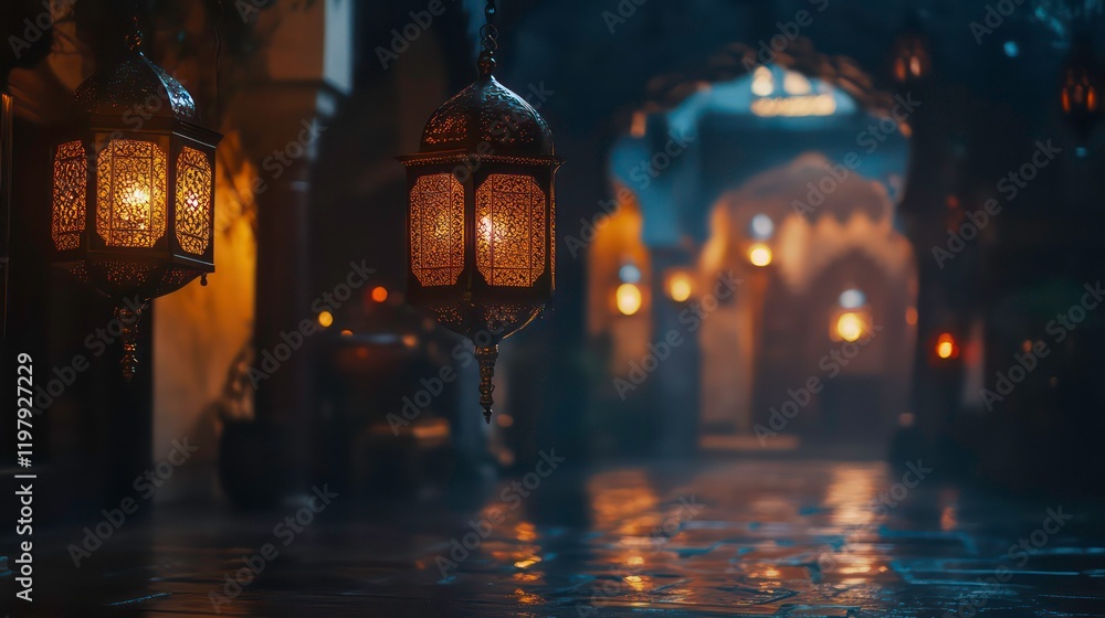 Poster illuminated lanterns hanging in a dimly lit alleyway at night, reflecting on wet cobblestones.