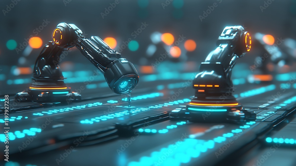 Poster futuristic robotic arms in automated factory setting