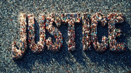 World Day of Social Justice illustration.Portrait mosaic of thousands of diverse silhouettes of people folded into the word "JUSTICE"