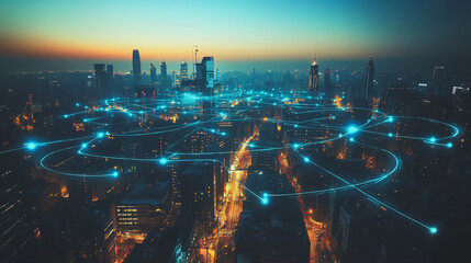 Obraz premium Abstract business man stands on the peak of success amid tall, innovative Smart city and graphs with statistics to analyze business potential and predict future developments in company growth.