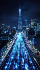 Fototapeta premium Neon Cityscape With Futuristic, Glowing Architecture And A Network Of Digital Lines At Night