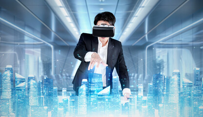 Business man wearing augmented reality glasses while looking at building simulated with glowing color. Project manager planning for investment while inspecting financial business city. Ingenuity.