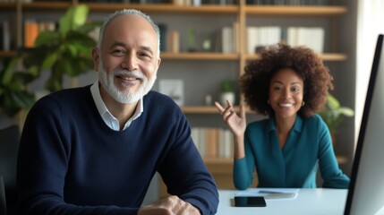 A man and a woman are sitting at a desk with a computer monitor in front of them. The man is smiling and the woman is waving
