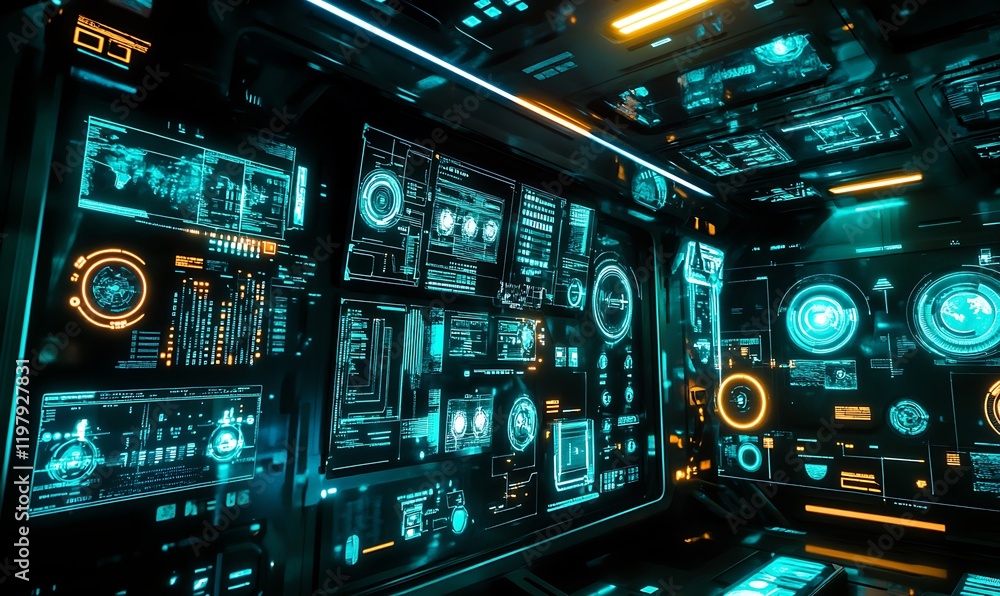 Poster futuristic spaceship control panel interface with neon lights