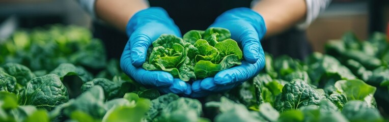 Hands holding fresh lettuce in a green garden at a local farm
