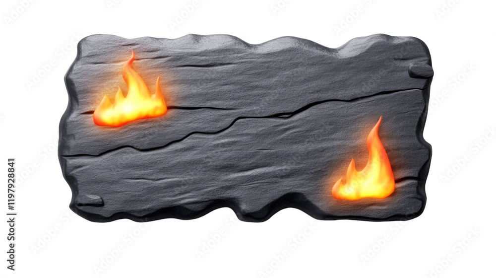 Poster a dark stone slab featuring two flames, creating a striking contrast with its rugged texture.