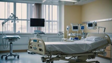 A clean and modern hospital room featuring an empty bed, advanced medical equipment, and natural light streaming through large windows.  
