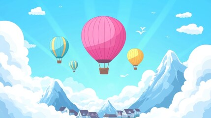Colorful Hot Air Balloons Floating Over Majestic Mountain Landscape