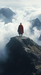 Man in a red cloak stands atop a rocky peak surrounded by clouds with mountains in the background in a dramatic landscape scene