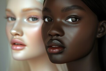Diverse beauty showcased through the striking contrast of two mannequin heads representing different skin tones and features in a well-lit environment