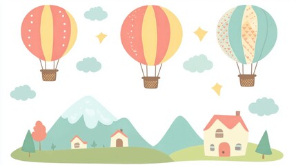 Colorful Hot Air Balloons Over Charming Landscape and Mountains