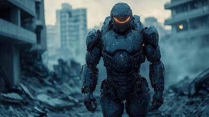 Fototapeta premium Advanced Combat Robot Amidst Urban Ruins