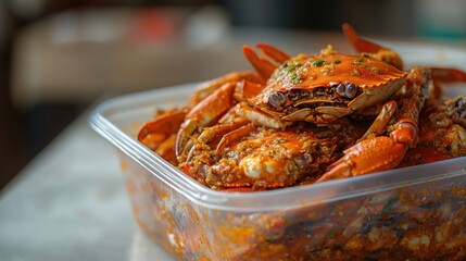 Freshly Cooked Crab Dish Served in Clear Plastic Container