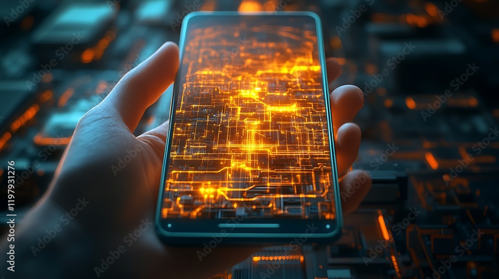 Poster hand holding smartphone displaying glowing circuit board pattern