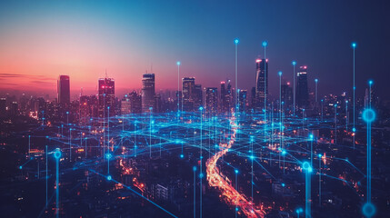 Fototapeta premium Abstract business man stands on the peak of success amid tall, innovative Smart city and graphs with statistics to analyze business potential and predict future developments in company growth.