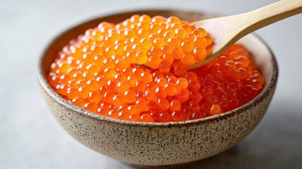 Bright orange fish roe served in a textured bowl with a wooden spoon, showcasing the vibrant color and shine of the delicacy