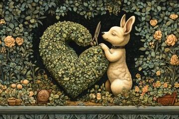 Whimsical Rabbit Pruning Heart Shaped Topiary in Garden Setting