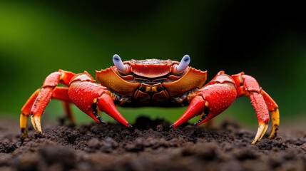Colorful red crab exploring rich brown soil against a blurred green background in a tropical environment during daylight hours