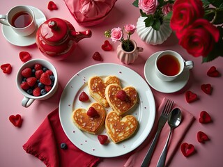 A romantic breakfast with heart-shaped pancakes, tea, and roses.
