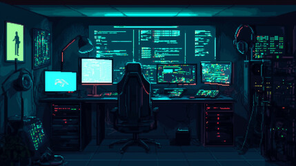 A cyberpunk hacker in a neon-lit room, character, pixel art style