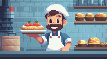 A cheerful baker holding a tray of pastries, character, pixel art style