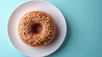 Delicious Glazed Donut with Nuts on a Clean White Plate