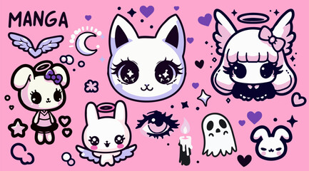 Big set of anime cartoon stickers with funny cute comic characters and animals on a pink background. Contemporary illustration with designs for tattoos and patches.