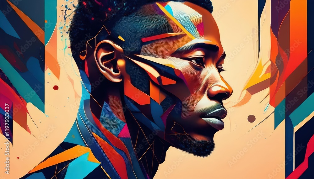 Poster striking abstract portrait of a man a captivating study in black and white, showcasing textured line