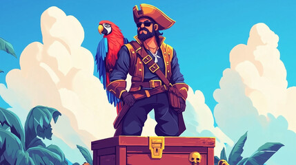 A dashing pirate captain with a parrot on their shoulder, standing on a treasure chest, medivel game character, pixel art style