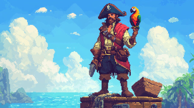 A dashing pirate captain with a parrot on their shoulder, standing on a treasure chest, medivel game character, pixel art style