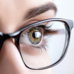 Close up of a human eye with glasses showcasing colors and details in a bright environment. Generative AI