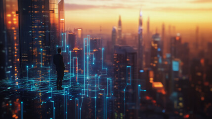 Fototapeta premium Abstract business man stands on the peak of success amid tall, innovative Smart city and graphs with statistics to analyze business potential and predict future developments in company growth.