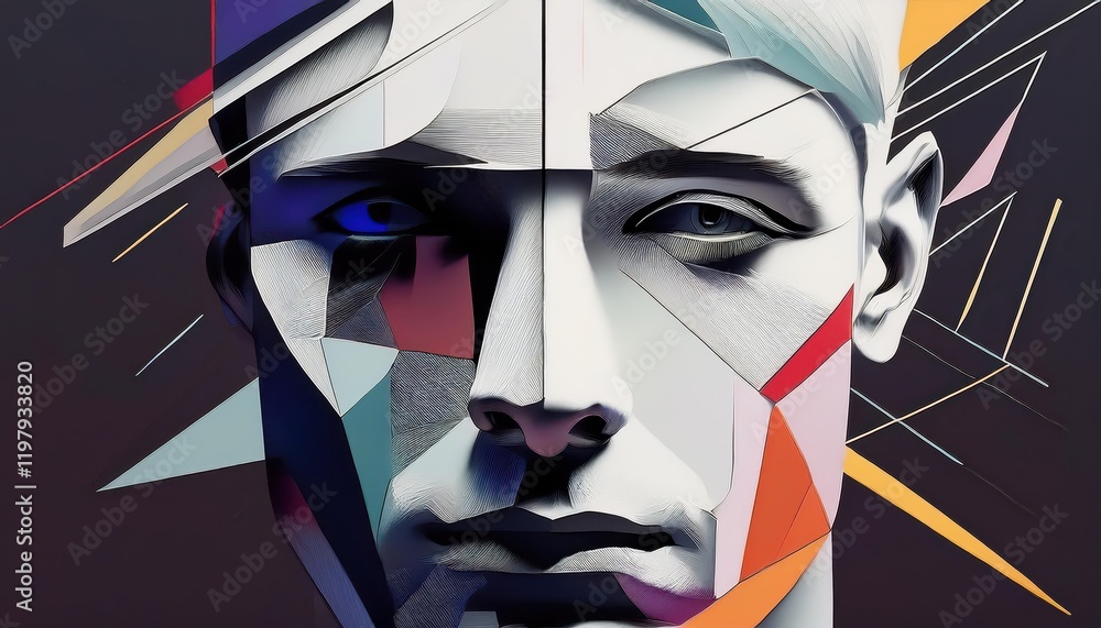 Poster striking abstract portrait of a man amidst an ethereal swirl of colors and shapes, embracing introsp