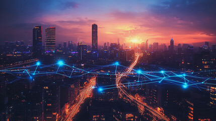 Fototapeta premium Abstract business man stands on the peak of success amid tall, innovative Smart city and graphs with statistics to analyze business potential and predict future developments in company growth.