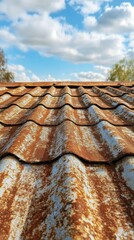 Rusty metal roof under a cloudy sky with blue accents