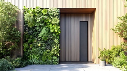 A back door with a built-in vertical garden panel on one side 