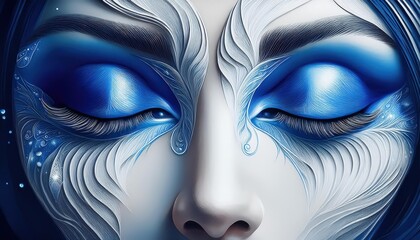 Tranquil Abstract Portrait Eyes Closed in Shades of Blue and White A Moment of Introspection