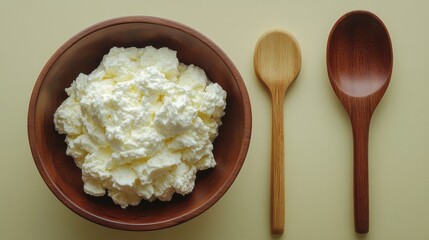 Fresh Creamy Ricotta Cheese in Wooden Bowl with Two Spoons