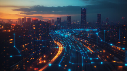 Obraz premium Abstract business man stands on the peak of success amid tall, innovative Smart city and graphs with statistics to analyze business potential and predict future developments in company growth.