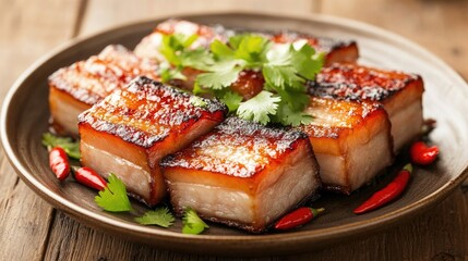 Slices of pork belly with crispy skin, served on a ceramic plate with garnish of cilantro and chili peppers, on a wooden table
