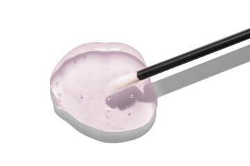 Cosmetic beauty product transparent stick lip care oil with white nap and black stick brush applicator isolated on white