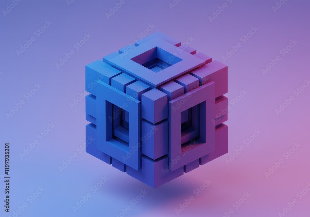 Poster 3d abstract cube composed of interlocking square plates in varying shades of blue and purple