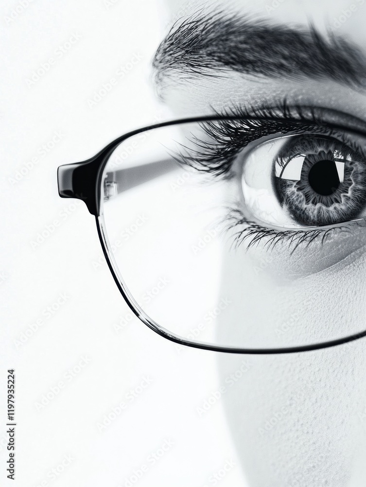 Aufkleber close up view of a human eye behind glasses showing intricate details and reflections in bright ligh