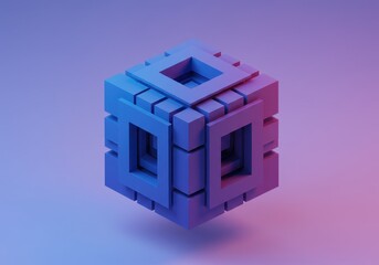 3D abstract cube composed of interlocking square plates in varying shades of blue and purple